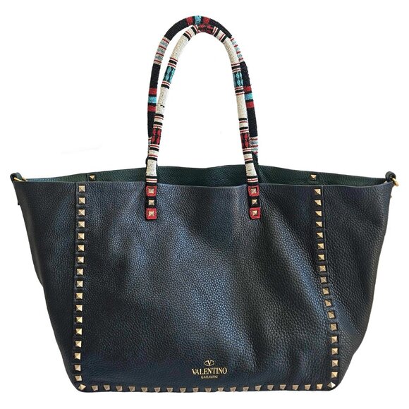 VALENTINO GREEN/BLACK REVERSIBLE ROCKSTUD LEATHER TOTE - Picture 12 of 16